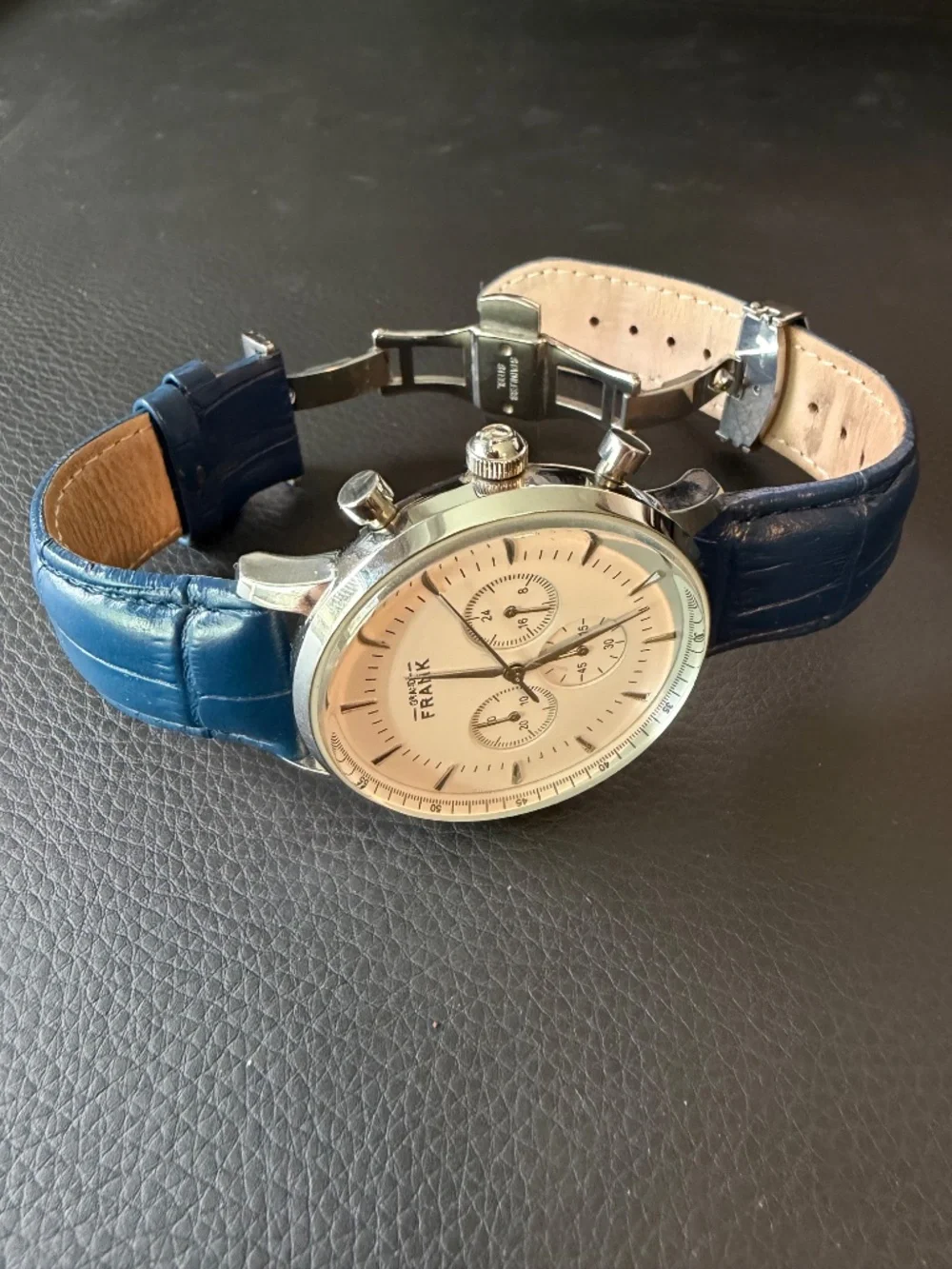Grand Frank Quartz Montpellier White Chronograph Blue Leather Strap Watch